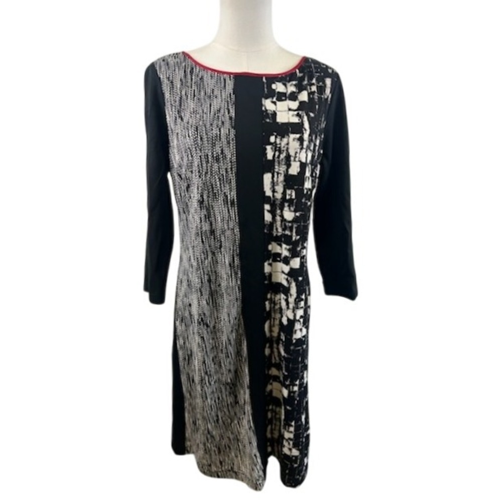 Adrianna Papell Black White Red Abstract Floral Print 3/4 Sleeve Dress Size 12